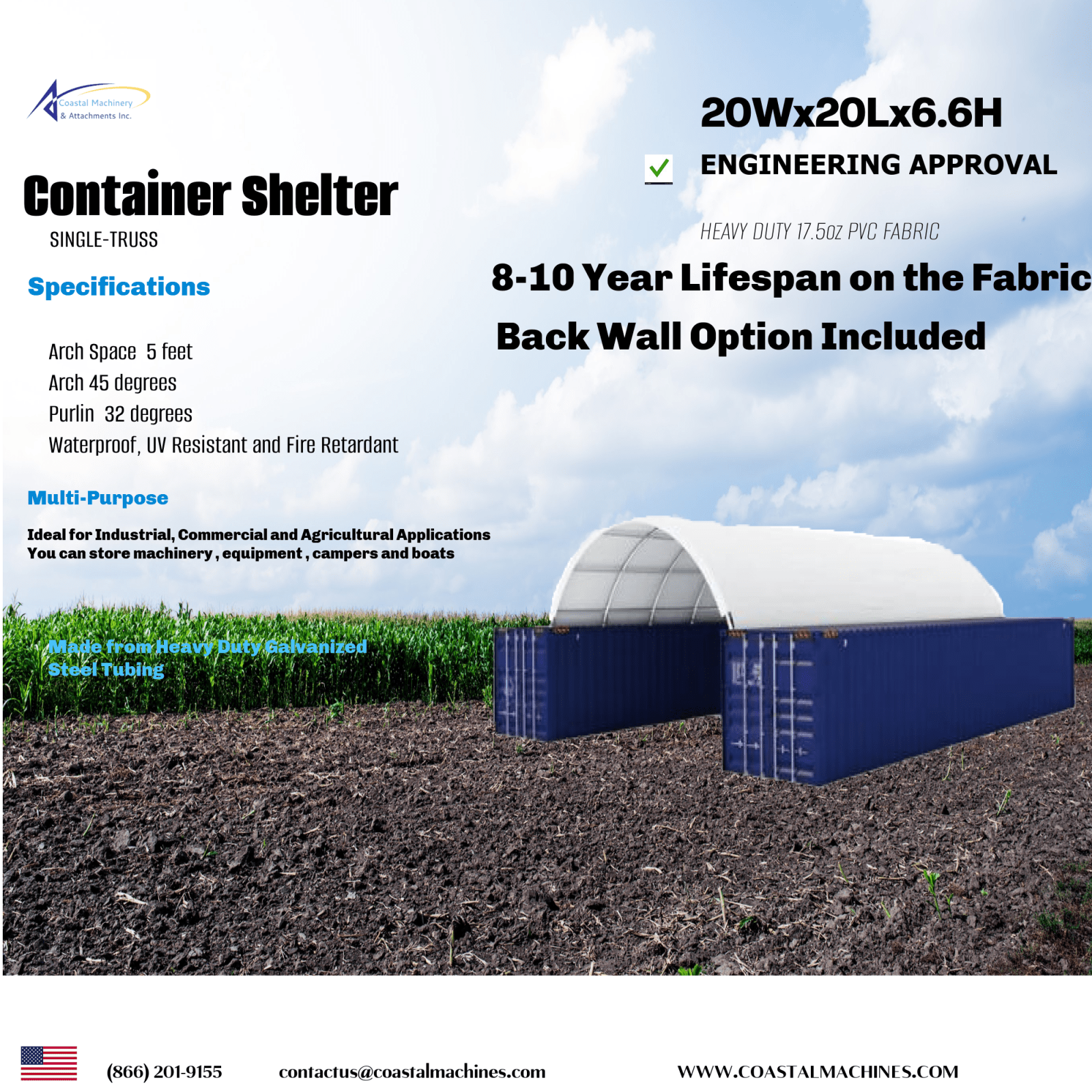Container Shelter 20' x 20' x 6.6' with Back Cover - Heavy Duty 17.5oz Fabric