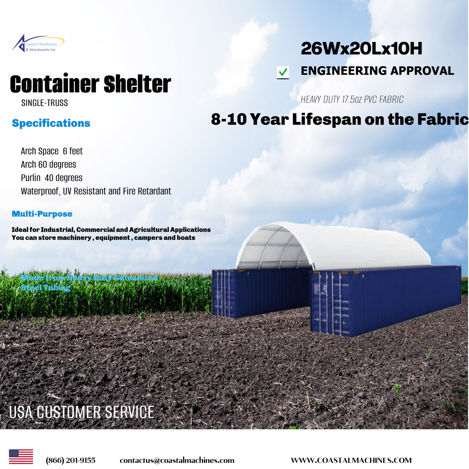 Container Shelter 26 x 20 x 10 With Heavy Duty 17.5oz PVC Cover